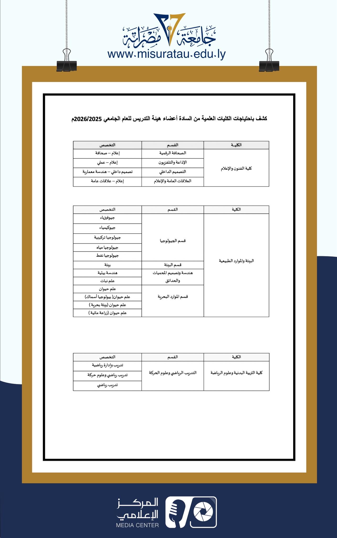 #إعلان عن قبول أعضاء هيئة تدريس ليبيين للتعاقد بجامعة مصراتة